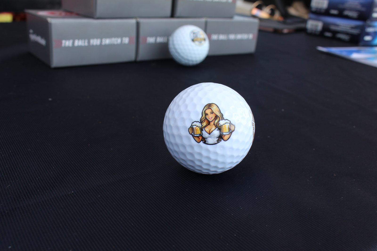 Close-up of a golf ball printed with a custom logo