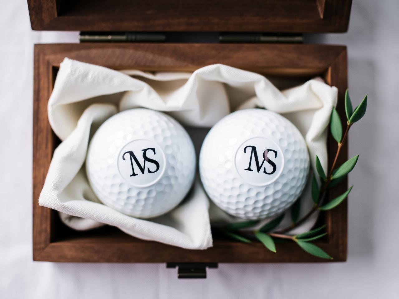 Monogrammed golf balls in a wooden gift box
